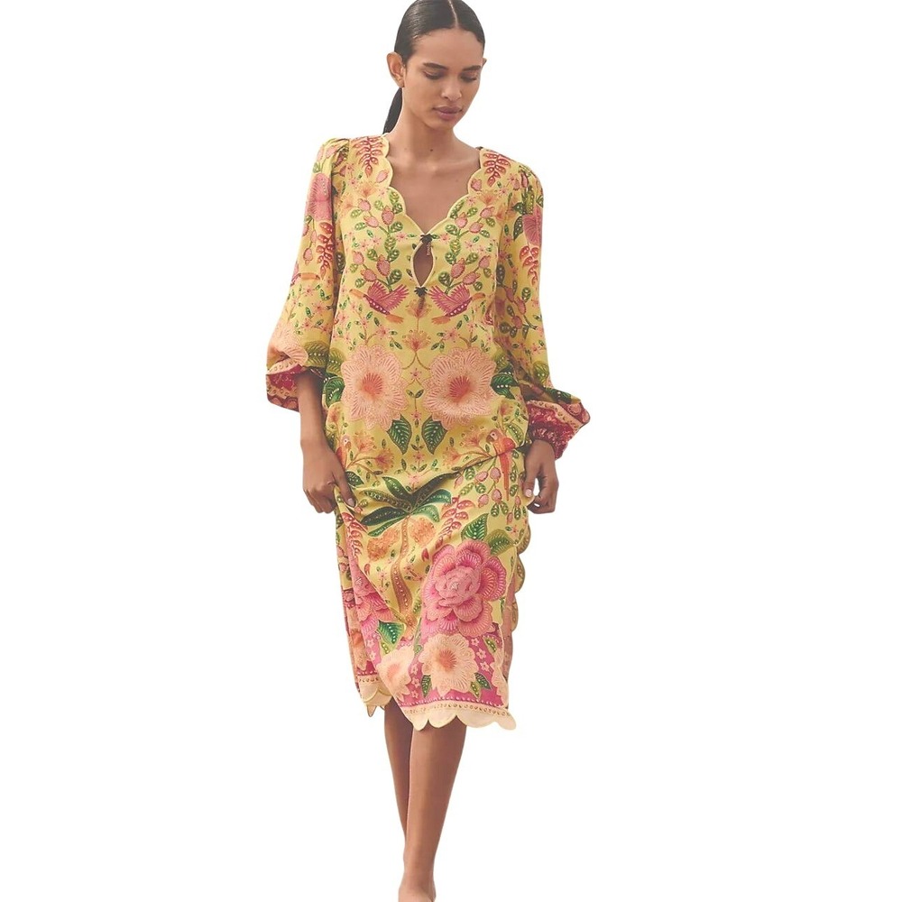 FARM Rio Women's Floral Tropical Long-Sleeve Scalloped Hem Midi Dress Size S NWT